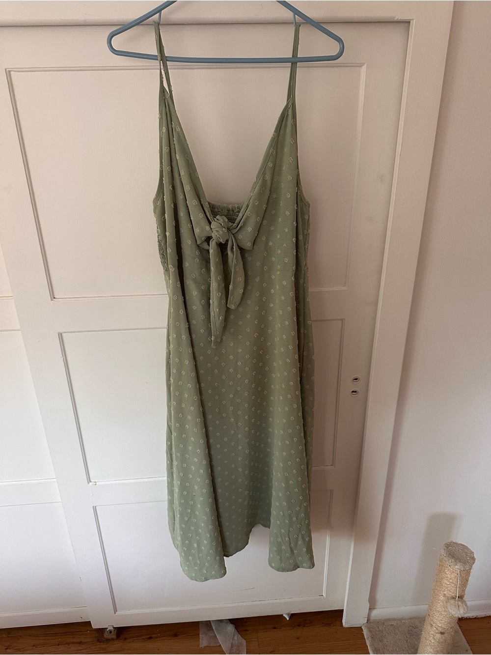 Sage Green Spaghetti Strap Tie-Front Midi Dress